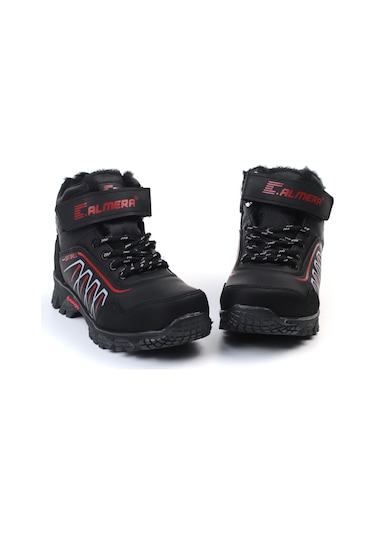 Unisex Çocuk Siyah Kırmızı İçi Kürklü Kışlık Termo Taban Suya Soğuğa Dayanıklı Günlük Rahat Outdoor Bot Siyah  -  Kırmızı