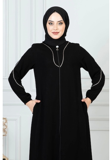 Beyaz Biye Detaylı Ferace - Siyah Siyah