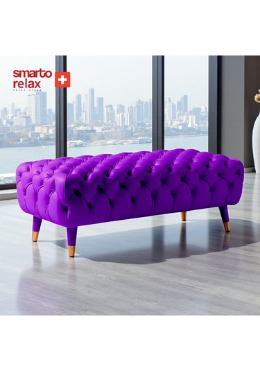 Smarto Relax Puf Adelboden Ahşap Ayaklı Kapitoneli 110x45x40 Cm Mor Mor