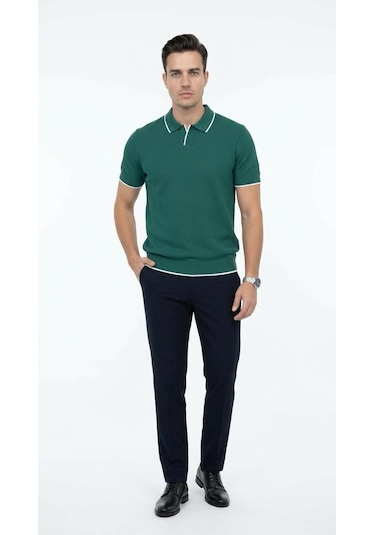 Plus Scorpion Erkek Pike Dokulu Triko Polo Yaka Tişört Slim Fit Şerit Detaylı Yazlık Model Yeşil