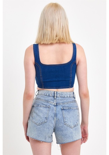 Kadın Önü Düğmeli Cep Detaylı Askılı Denim Crop Lacivert