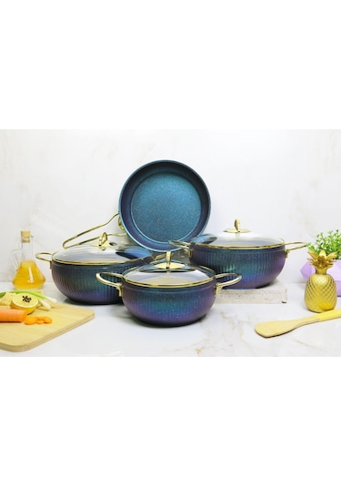 Evita 7 Parça Granit Cam Kapaklı Küre Güveç Tencere Seti Yeşil