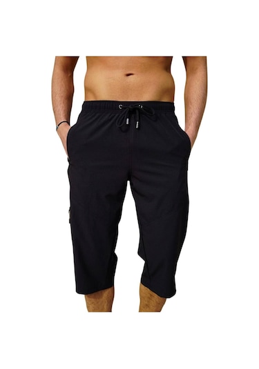 Siyah Diz Altı Uzun Model Su İtici Özellikli Likralı Esnek Kumaş Erkek Plaj Deniz Kapri Şort - 941-siyah 001