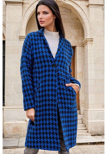 Mavi Kaz Ayağı Desenli, Cep Detaylı, Uzun Kaban Mavi