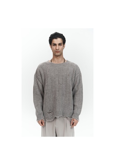 Vincent Yırtık Detay Boz Kahve Erkek Triko Kazak Kahverengi Melanj