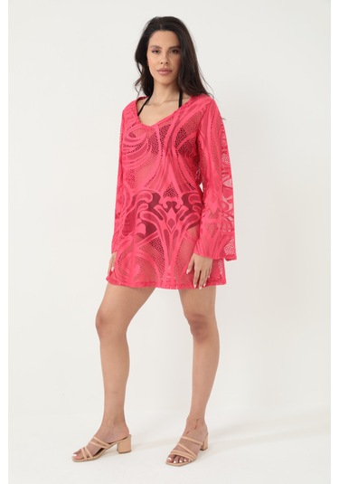 Kolları Volanlı Elbise Fuşya