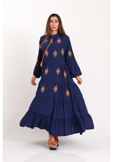 Kadın Lacivert Önü Ve Kolları Otantik Nakışlı Eteği Kat Kat Uzun Elbise-lacivert
