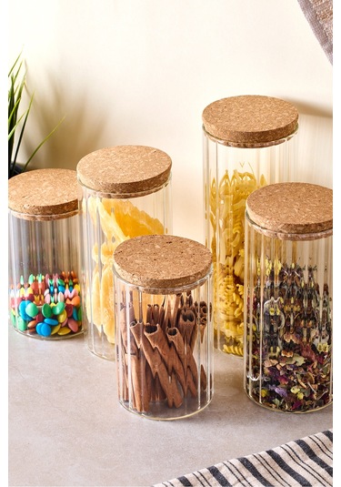 Cork Line 5'li Borosilikat Cam Kavanoz Seti Mantar Kapaklı 600-800-1000 Ml Seffaf Şeffaf