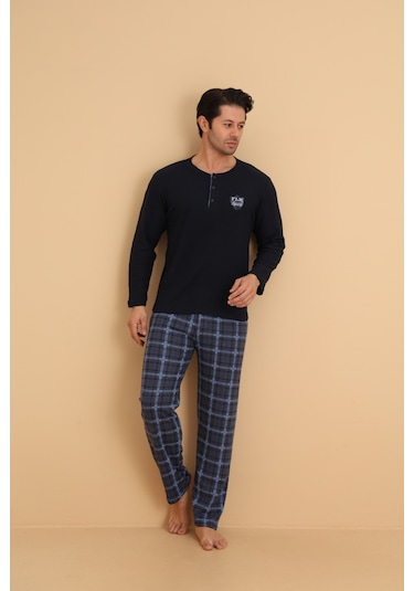 Flkn 7015 İnterlok Kışlık Ekose Pijamalı Erkek Pijama Takımı Lacivert