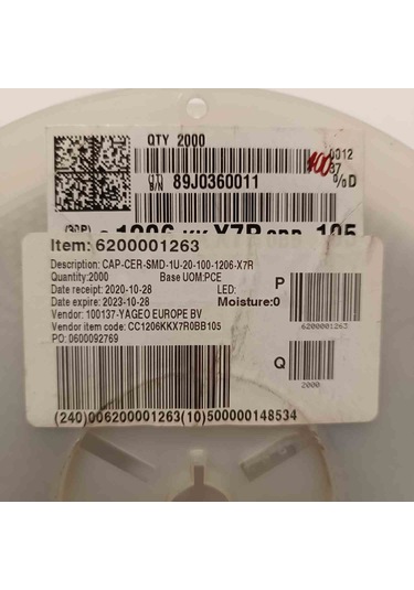 Cc1206kkx7r0bb105 1mf 100v 1206 Yageo Smd Seramik Kondansatör 60 Adet