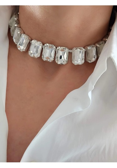 Harmonia Elmas Görünümlü Baget Kare Model Choker Kolye Silver