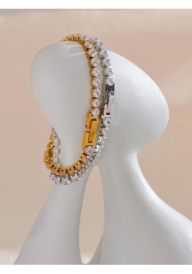 Altın Eetit 4mm Yüksek Kaliteli Parlak Kübik Zirkonya Zincir Bilek Bilezik Bileklik Kadınlar İçin Paslanmaz Çelik Zarif Premium Takı Yeni Altın