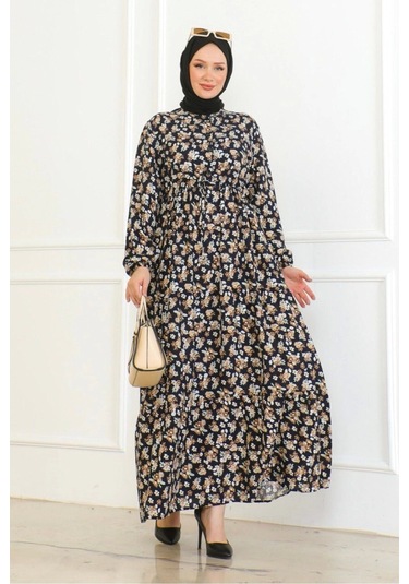 Çiçek Desenli Bağlamalı Viskon Kumaş Elbise - Lacivert Lacivert