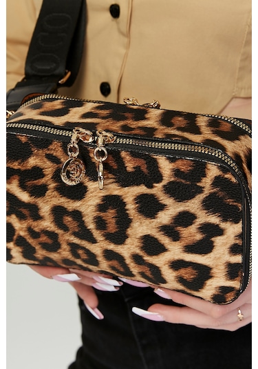 Morpelikan Leopar İki Bölmeli Kolon Askılı Kadın Omuz Çan Kahverengi