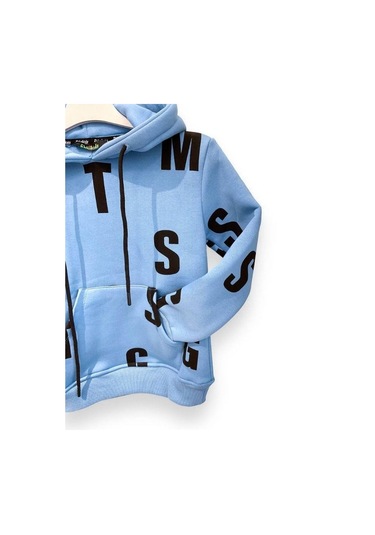 Çocuk Harf Baskılı Şardonlu Kapuşonlu Sweatshirt-15195 Mavi
