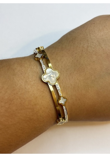 Kadın Beyaz Yonca Ve Taş Model Çelik Bilezik Gold