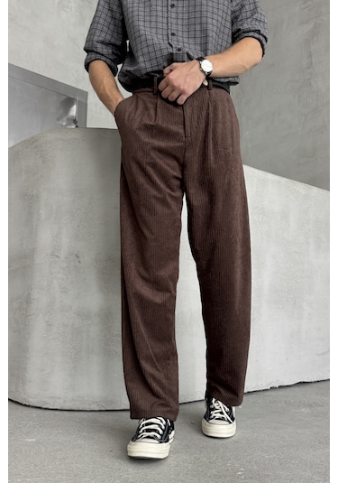 Erkek Pileli Baggy Kalıp Kadife Pantolon Kahverengi