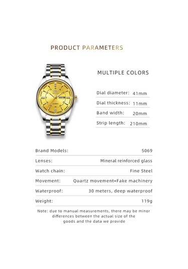 Yashıdun 5069 Çelik Kayış Şık Kuvars İzle Erkekler Aydınlık Takvim Bilek Saati - Altın Kadran