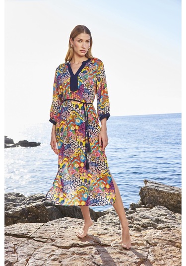 Monamise Kadın Çiçek Desenli Yırtmaçlı Truvakar Kollu V Yaka Elbise 25055 Lacivert