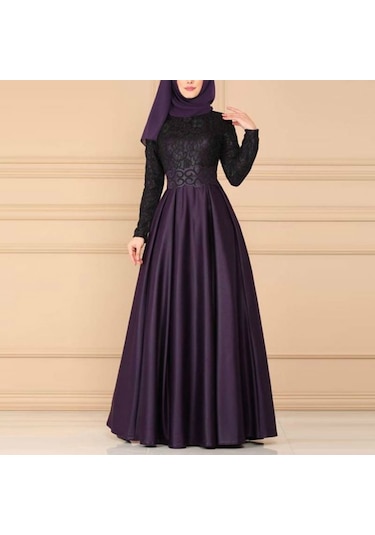 Sones Dantel Dikiş Retro Büyük Salıncak Elbise Etnik Stil Uzun Kollu İnce Elbise Mor