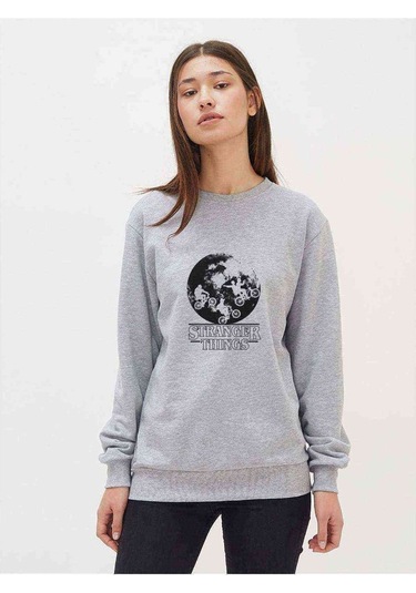 Stranger Things Bikes World Baskılı Gri Kadın Sweatshirt