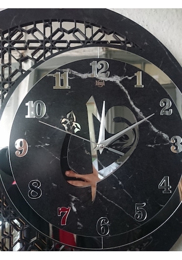 Duvar Saati 50 Cm Ahşap Ayna Elif Vav Motifli Gümüş - Siyah