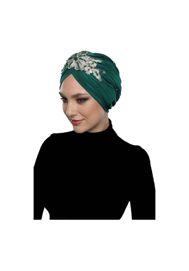 Kopma Astarlı İşlemeli Yeşil Sarı Dantel Motifli Hazır Türban Tesettür Abiye Bone Yeşil - Sarı