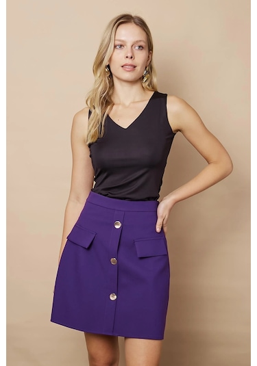 Kadın Diz Üstü Yüksek Bel Önü Düğmeli Cep Kapaklı Hafif Likralı Kumaş Çan Etek-mor Mor