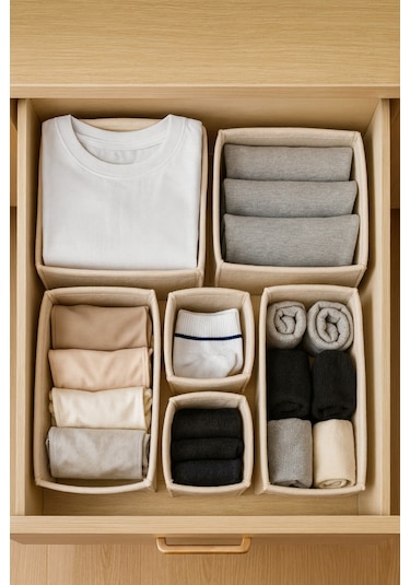 Keçe Çekmece Ve Dolap Düzenleyici Organizer Seti 6 Parça Krem, Çok Amaçlı Düzenleyici Kutular Krem