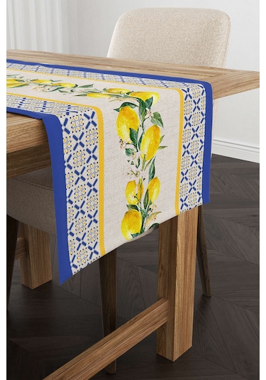 Mavi Sarı Dekoratif Limon Desenli Dijital Baskılı Runner Cgh1050 Rn