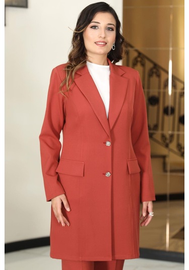 Parla Uzun Ceket Pantolon İkili Tesettür Takım Kiremit Kiremit