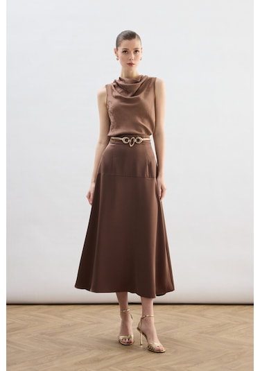 Sateen Yüksek Bel Saten Etek - Kahve-136782 Kahve