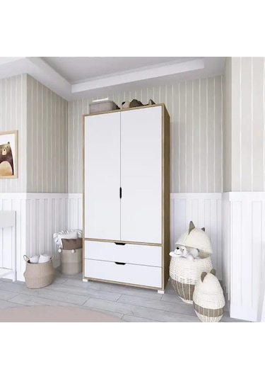 90 Cm Açık Ceviz-beyaz 2 Kapılı 2 Çekmeceli Elbise Dolabı - Gardırop Açık Ceviz & Beyaz