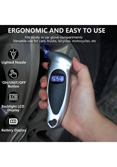 Chuangyinshop Siyah Digital Lastik Basınç Ölçer 4 Ayar Led Nozul Kaymaz Tutamak Aydınlatmalı Lcd Ekran 150 Psı Araç Bisiklet Motor