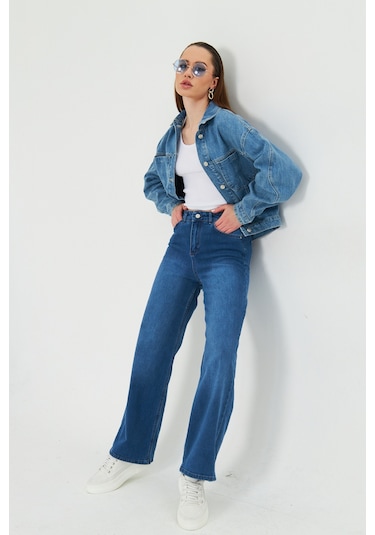 Mavi Yıkamalı Oversize Denim / Kot Ceket Orta Mavi