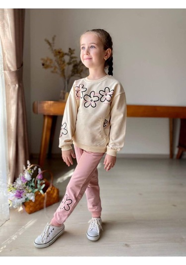 Çiçekli Kanguru Cepli Kız Çocuk 2'li Takım Pembe