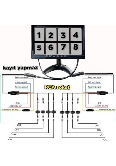 8 Kanallı Hybrid Monitör Kamerasız - 12 24 Volt - Kayıt Yapmaz