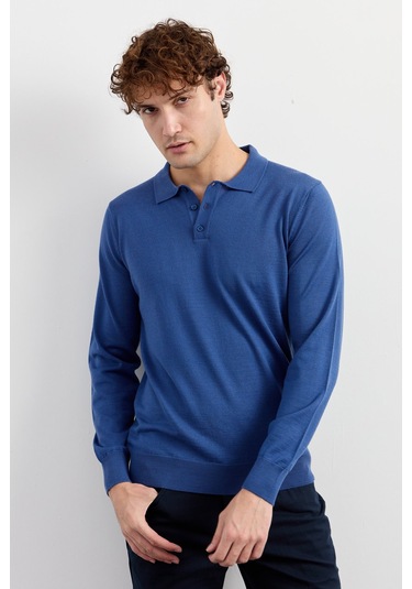 Erkek Basic Polo Yaka İnce Triko Kazak İndigo İndigo