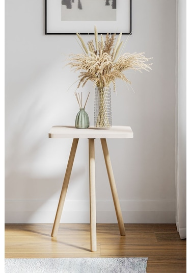 İntergo Kare Tasarımlı Ahşap Ayaklı Tekli Zigon Sehpa Krem