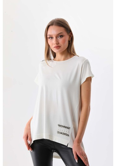 Büşra Triko Kadın İnci Süslemeli Kısa Kol Penye Bluz 19463 Ekru