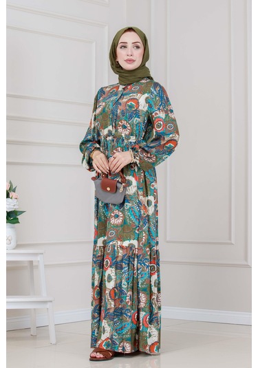 Beli Tünelli Çiçekli Viscon Elbise-haki-5318 Haki