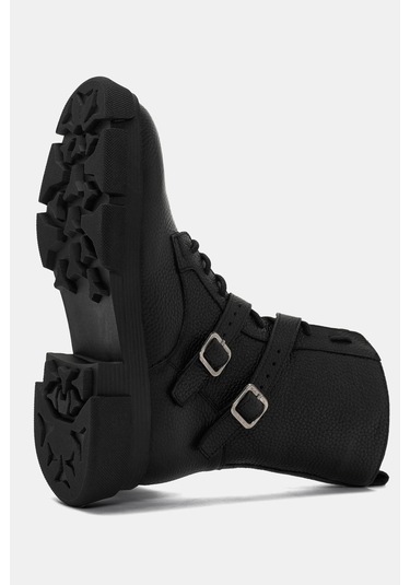 Leah Kadın Siyah Gerçek Deri Tokalı Postal Bot Siyah