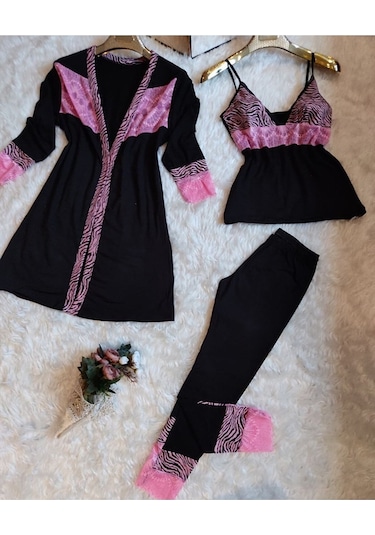 Kadın Gecelik Takımı Pembe Dantelli Kırmızı