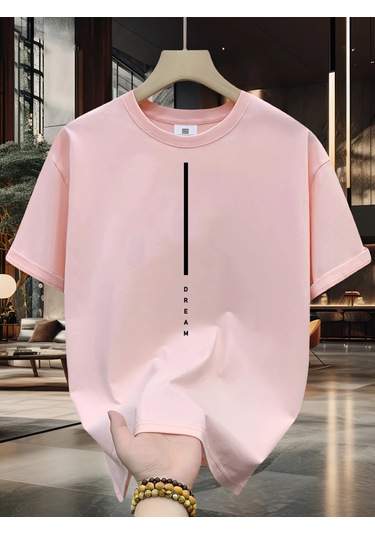 Guılan Erkek Yazlık %100 Pamuk Rahat Spor Tişört - Rüya Mektup Baskılı Kısa Kollupembe Pembe