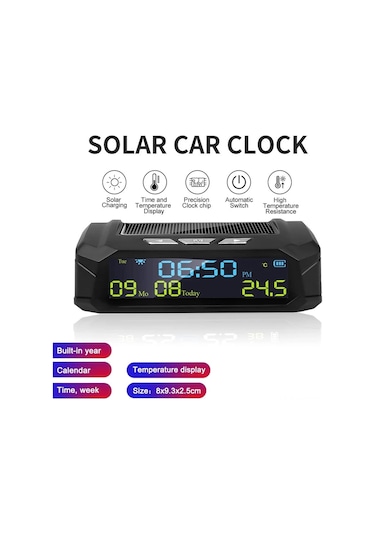 Neevoyu Güneş Enerjili Araç İçi Dijital Saat - Lcd Ekranlı Sıcaklık, Saat, Tarih Ve Hafta Gösterici - Uzun Pil Ömrü - Siyah Abs Malzeme