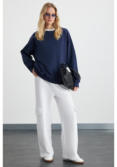 Karıus  Kadın Organik Pamuklu Içi Polarlı Oversize Yuvarlak Yakalı Lacivert Sweatshirt