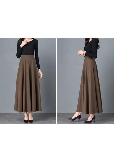 Fastbuy Maxi Etek - Yüksek Bel - Elastik - A Kesim - Uzun - Cepli - Düz Renk - Ofis/kahve Kahve
