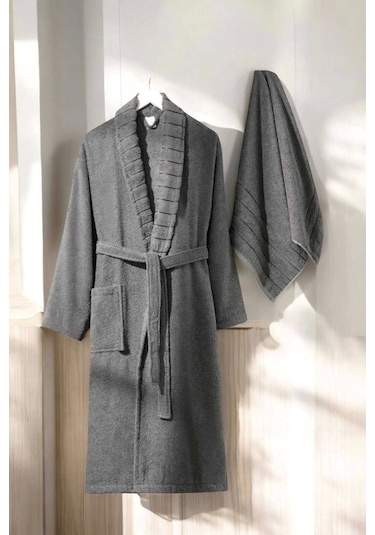 Aqualoom Lüx Erkek Bornoz Ve Havlu Seti %100 Pamuklu Antrasit S-m Diğer