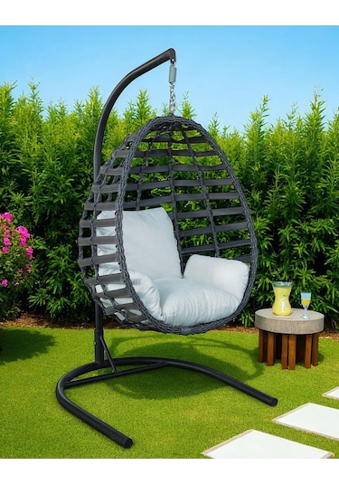 Armut Salıncak Tek Kişilik Rattan Örgü Bahçe Balkon Ev Salıncağı Gri