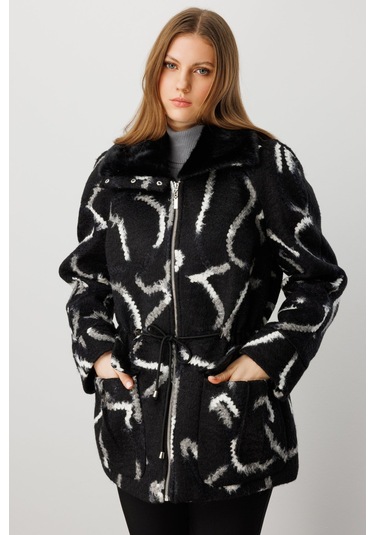 Ekol Kadın Büyük Beden Kapak Cepli Desenli Kaban 6301 Siyah Siyah